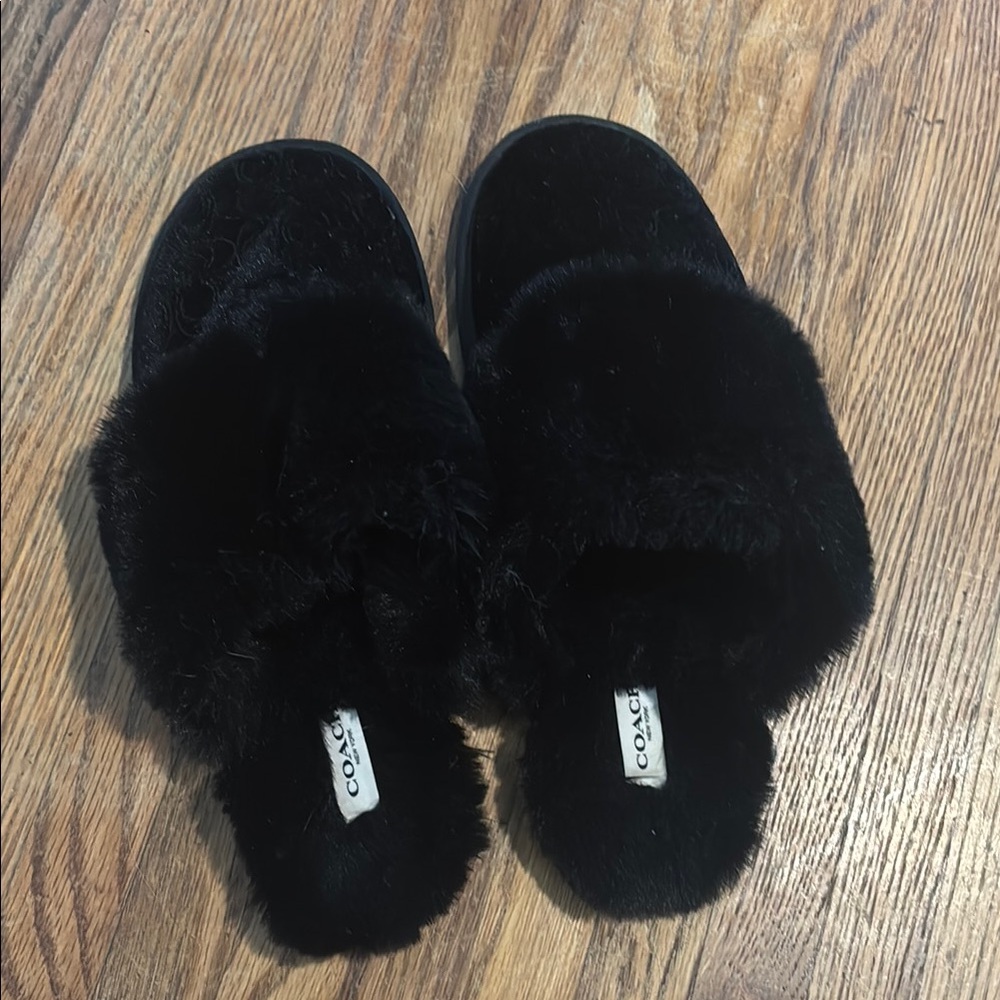 Coach Black Plush Fur Slides